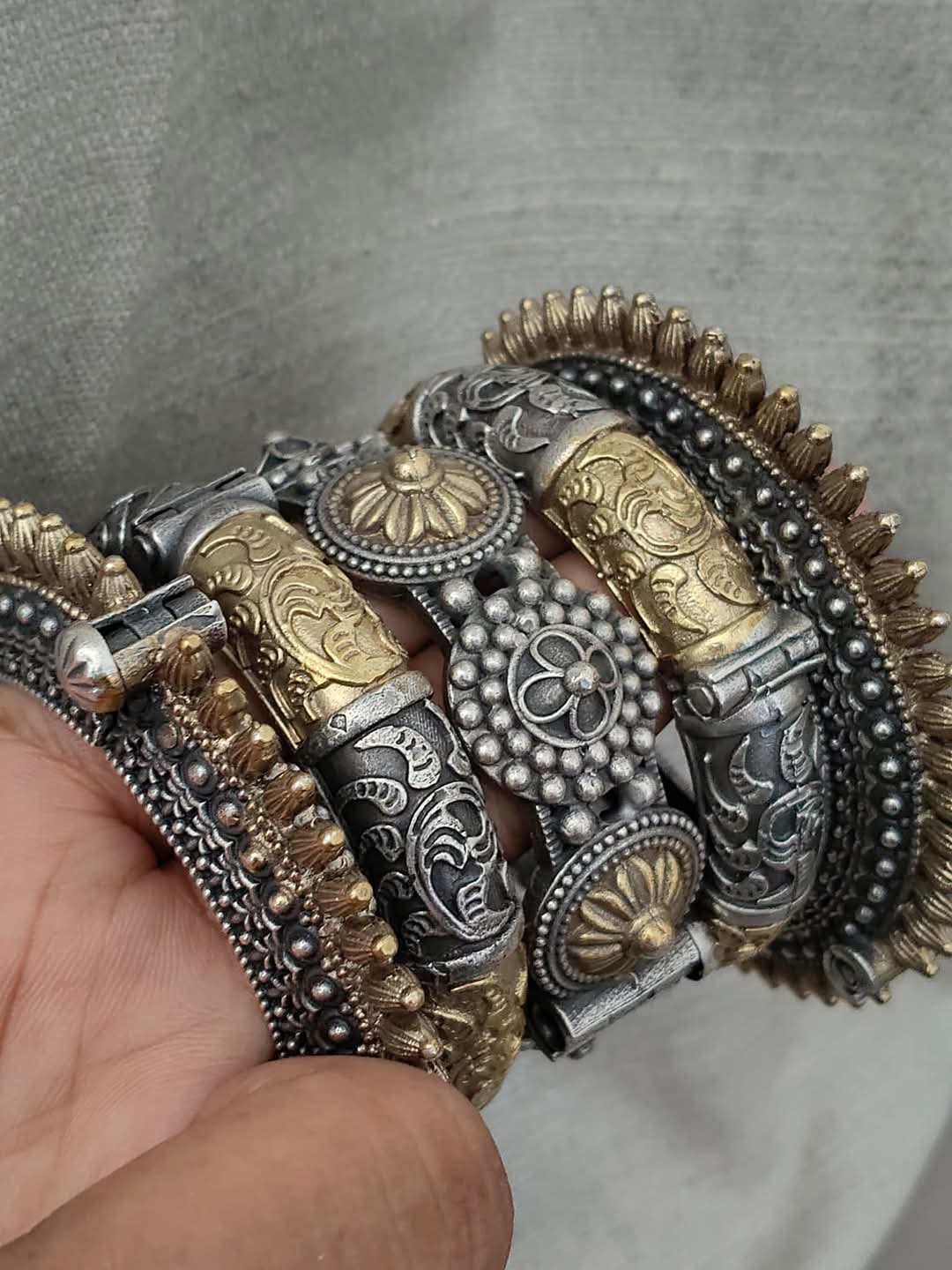 oxidized dual tone Silver replica openable bangles stack of 5 pieces for women